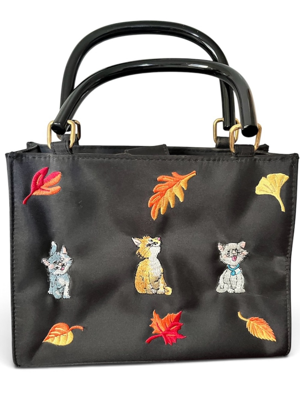 Kim Rogers Embroidered Fall Leaves Cats Black Bag Purse Double Handled Handbag